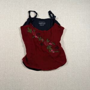 women's PURE SILK MAROON top tank floral embroidery petite 8 80's/90's roses